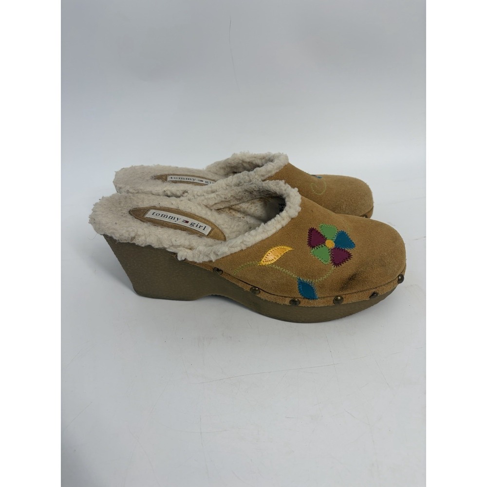 Tommy‎ Girl Y2K Boho Floral Embroidered Clogs Fur Lined Platform Mules 8 Hippie - Picture 4 of 11